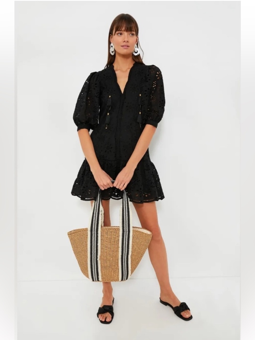 BELL by Alicia Bell Eyelet Popover Flounce Mini Dress in Black
